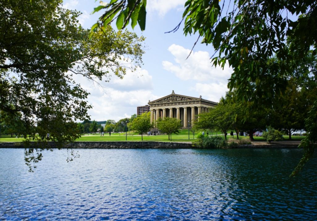 Nashville Parthenon across the lake in Centennial Park.